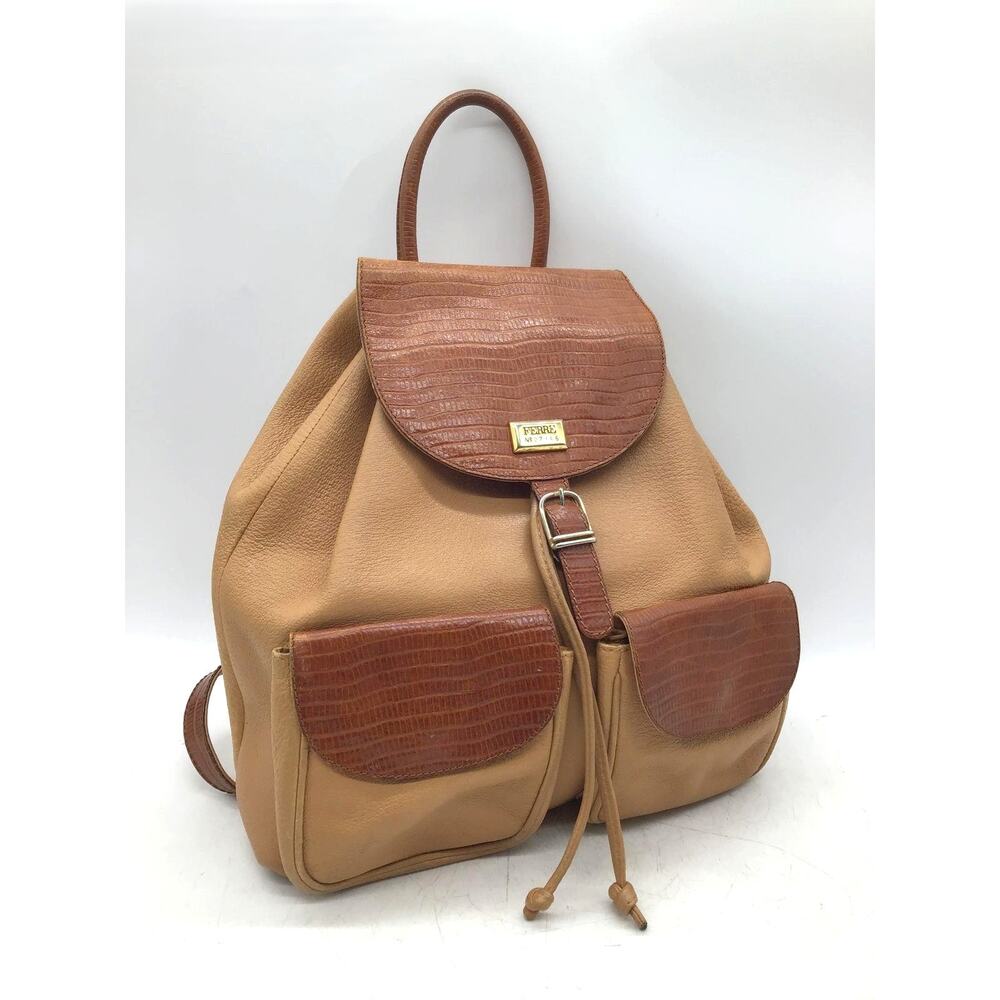 Gianfranco Ferre Distressed Leather Reptile Accent Drawstring Backpack